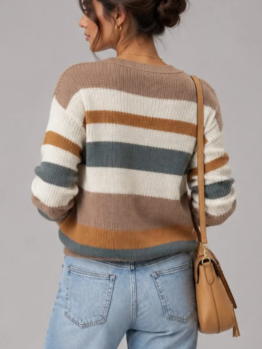 Women’s Oversized Striped Knit Sweater Casual Drop Shoulder Cozy Pullover - Picture 2 of 6